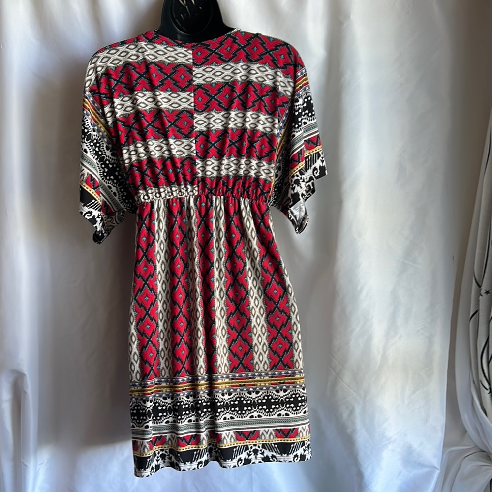 Red and Black V-Neck Dolman Sleeve Mini Dress - Picture 2 of 11